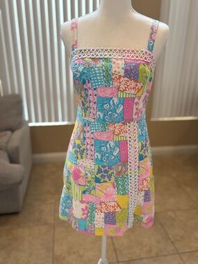 Vintage Lilly Pulitzer Shift Patchwork Mini Dress Pink, Blue, Yellow, Green